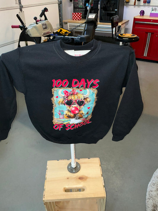 highland cow 100 days of school youth crewneck