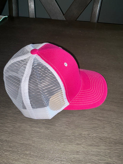 Pink and white trucker hat