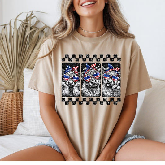 Red, White and Blue Highland cow t-shirt